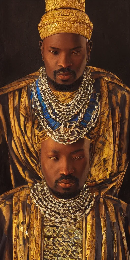 Image similar to a stunning and noble highly detailed romantic period style portrait of Mansa Musa by Josep Tapiró Baró, trending on artstation, oil painting masterpiece, symmetry, African iconography