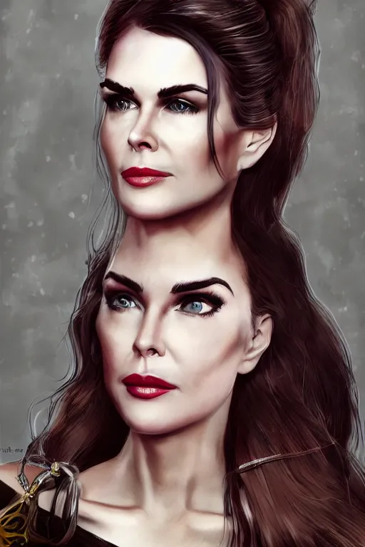 Prompt: portrait of a mix of beautiful young maria shriver, mariel hemmingway, brooke shields, nicole kidman and elle macpherson as catwoman, thin lips, hair tied up in a pony tail, colorful artstation, cgsociety