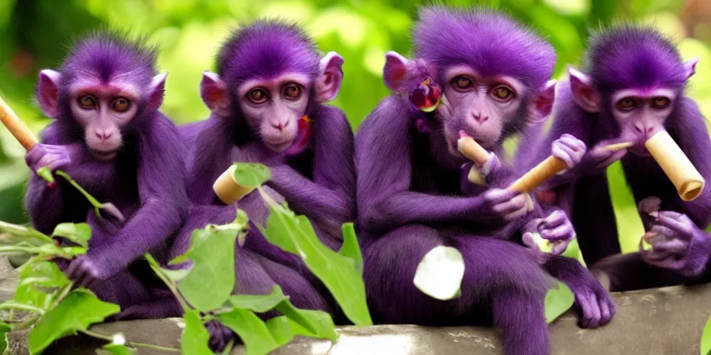 Prompt: purple monkeys with red eyes smoking. they are mean bad boys