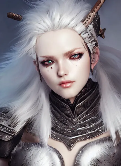 Image similar to barbarian, fur leather armor!!! beautiful and elegant white hair female!! gorgeous ayes!! character concept art, sharp focus, octane render! unreal engine 5! highly rendered!! trending on artstation!! detailed linework!! illustration by artgerm, wlop, and chie yoshii