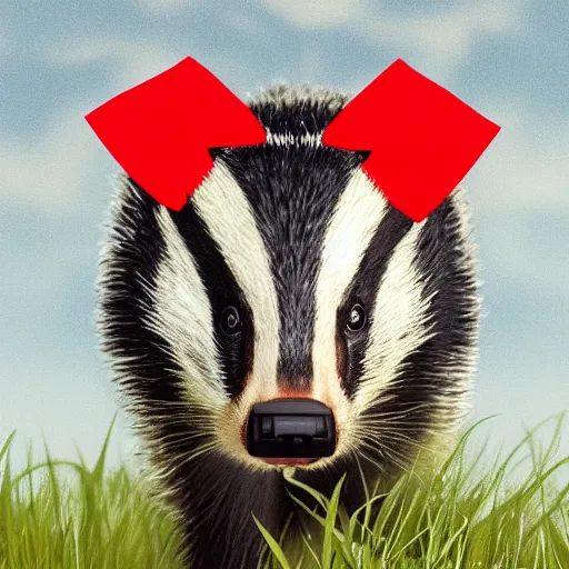 Image similar to a friendly badger walking towards the camera, he‘s wearing a red neckerchief, white background, clean digital render