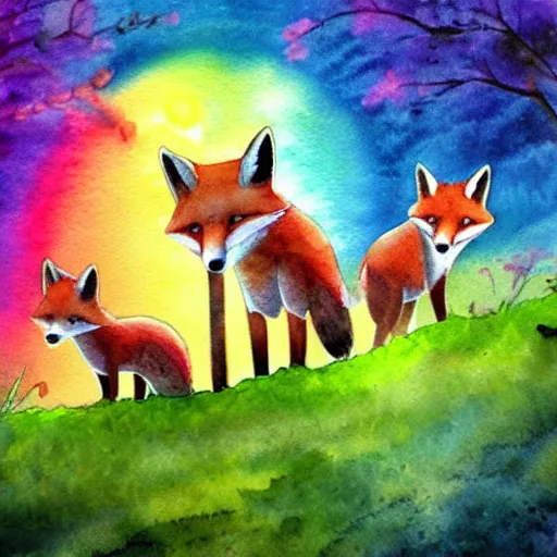 Prompt: a fox family, fantasy scenery, rainbow, watercolor painting, sunset