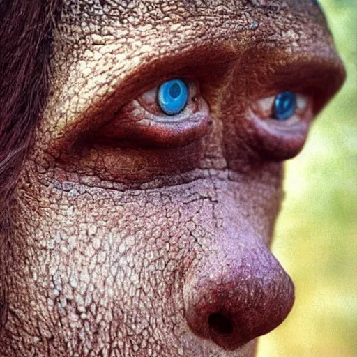 Image similar to “ full body photo of a very primitive pre-human woman Neanderthal looking deeply to the camera, blue eyes, anthropology photography, color kodakcrhome 64,National Geographic ”