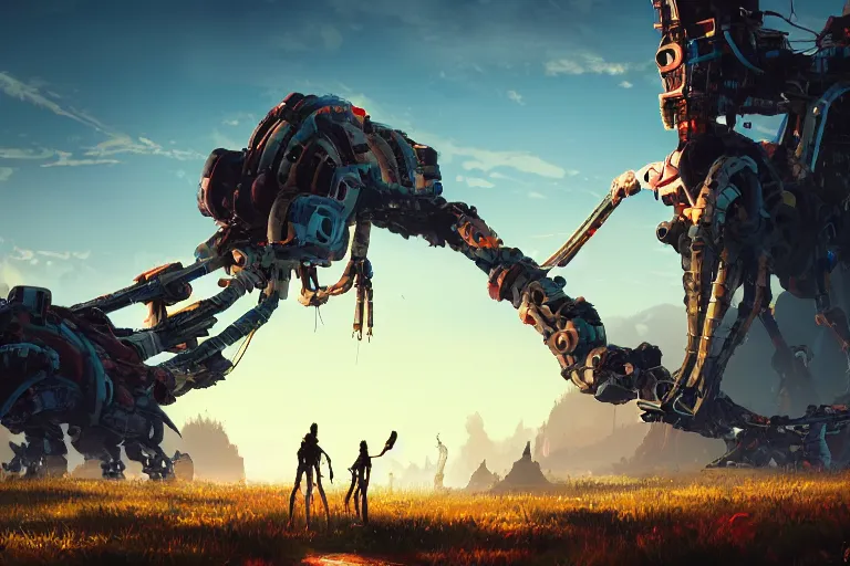 Image similar to longleg machine mecanical creature robot of horizon forbidden west horizon zero dawn radiating a glowing aura global illumination ray tracing hdr fanart arstation by ian pesty and alena aenami artworks in 4 k