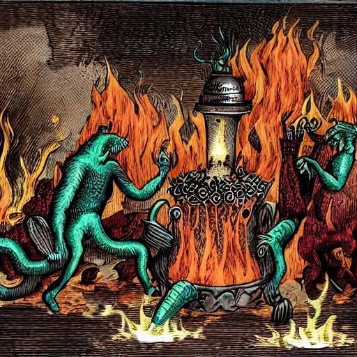 Prompt: monsters consumed transformed transmutation in a fiery alchemical cauldron