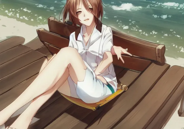 Image similar to A girl with short brown hair, wearing a white blouse, laying on a beach chair, drawn by WLOP, by Avetetsuya Studios, attractive character, colored sketch anime manga panel, trending on Artstation