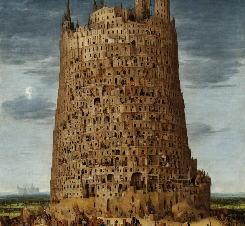 Image similar to a tall tower, somewhat similar to babel, by pieter breugel the elder