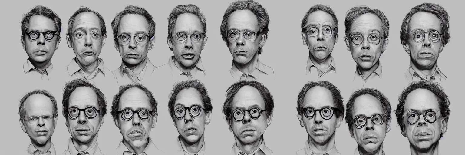 Image similar to character study of todd solondz and steve buscemi and charlie kaufman, 2 0 2 2, clear faces, emotional, character sheet, fine details, concept design, contrast, kim jung gi, pixar and da vinci, trending on artstation, 8 k, full body and head, turnaround, front view, back view, ultra wide angle