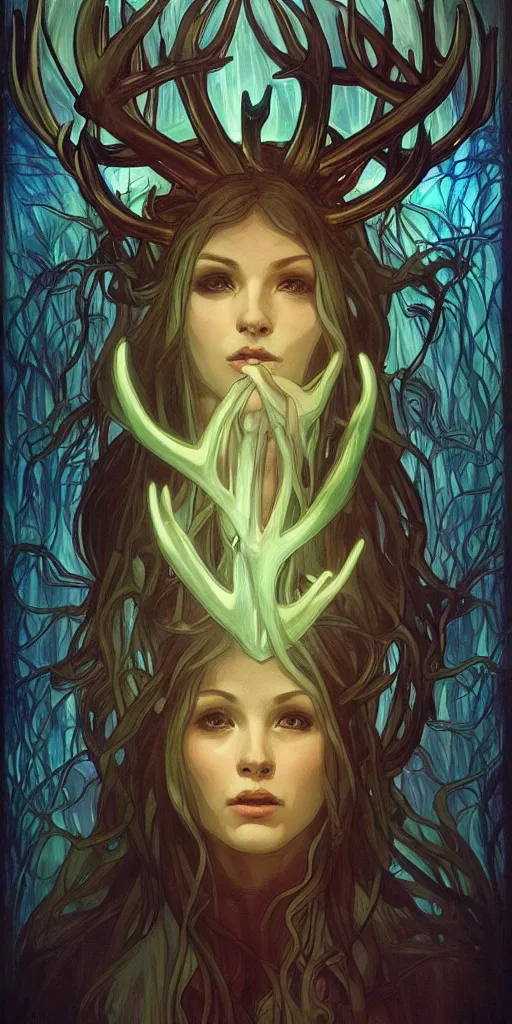 Prompt: intense bioluminescent glowing pagan god with antlers and tusks and pure black eyes in very dark forest by artgerm and alphonse mucha, portrait, fantasy, clear, light beams, lens flare, intense, uhd, amazing depth, cinematic lighting