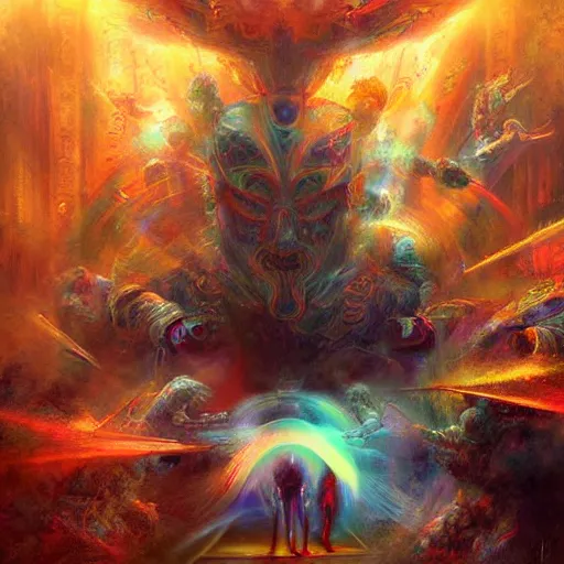 Prompt: dmt trip interdimensional beings breaking through the illusion by raymond swanland, highly detailed, bright tones