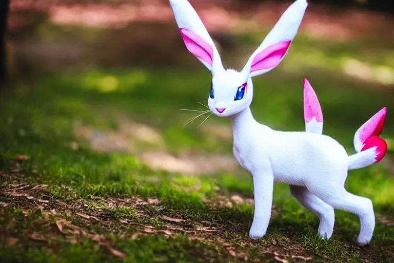 Prompt: real life sylveon pokemon, cute!!!, heroic!!!, adorable!!!, playful!!!, fluffly!!!, happy!!!, cheeky!!!, mischievous!!!, ultra realistic!!!, spring time, slight overcast weather, golden hour, sharp focus
