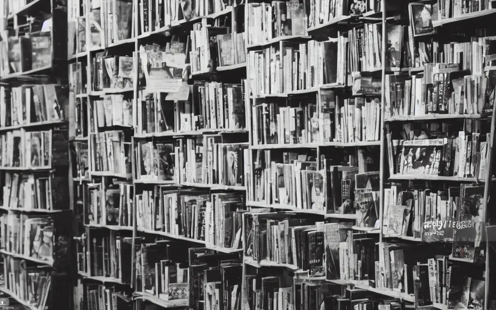 Prompt: bookseller shelves her books in a bookshop plants window tables ladder glasses, highly detailed sharp focus bokeh art photography 8k 35mm film grain