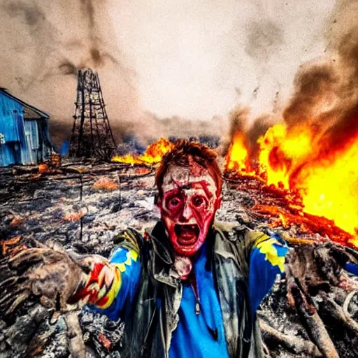 Image similar to , funny and frightened ukrainian burned to bones bleeding in dirty yellow and blue rags on the background of a huge nuclear explosion selfie 2 0 2 2