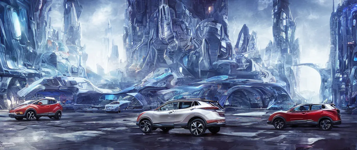 Image similar to ( ( ( nissan qashqai j 1 1 ) ) ) in a futuristic city, unique landscape, highly detailed, cybernetic, energy spheres, holy place, digital painting, artstation, concept art, sharp focus, highly detailed, art by roberto digiglio and furio tedeschi and filippo ubertino