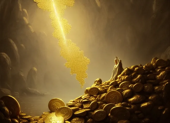 Prompt: heaven, gold coins raining down from heaven, beautifully, fantasy, dramatic, intricate, elegant, highly detailed, digital painting, artstation, concept art, smooth, sharp focus, illustration, art by Gustave Dore, octane render