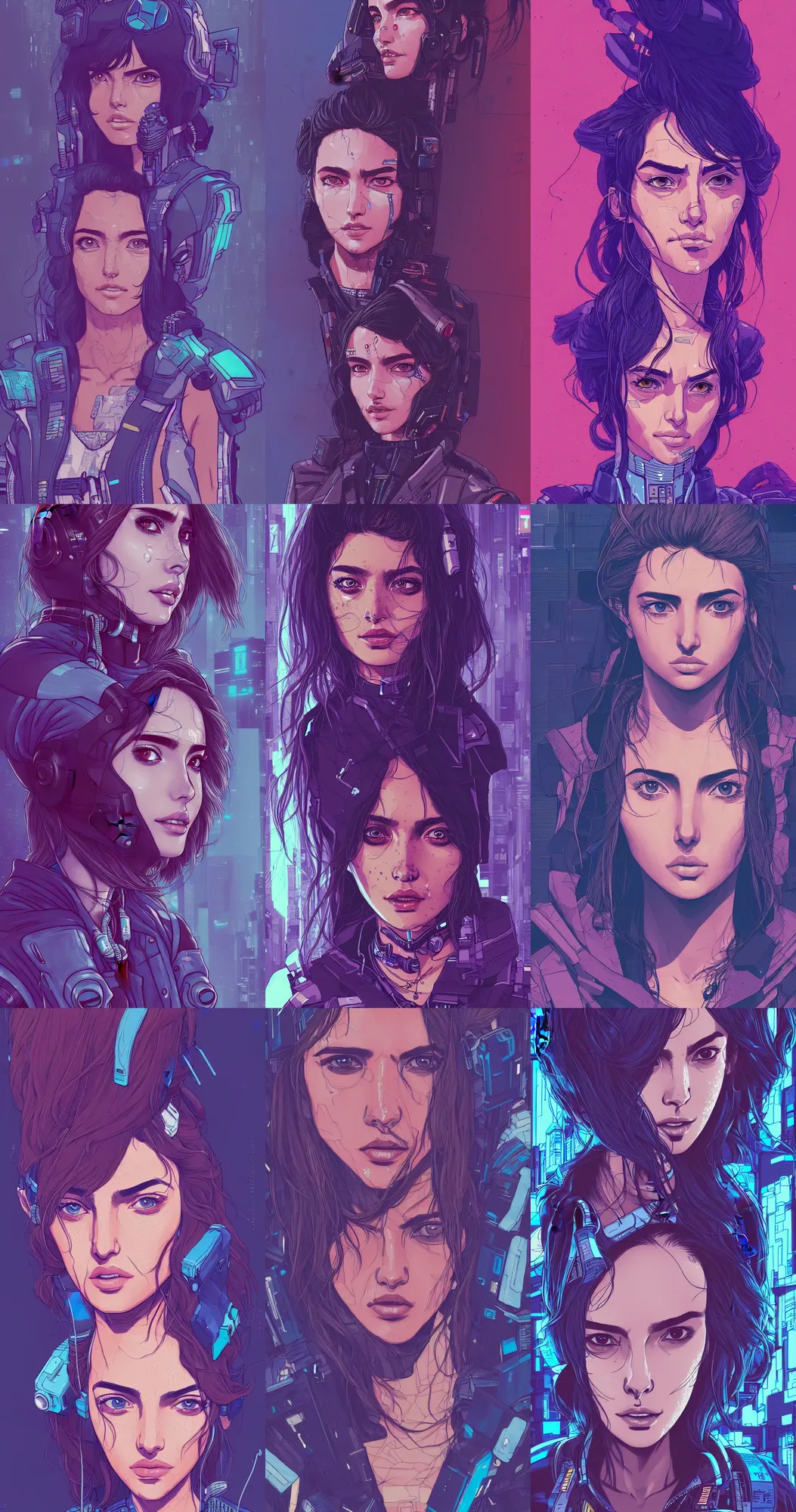 Prompt: detailed close - up photography of ana de armas portrait cyberpunk clothes and hair in a tokyo street, trending on artstation, by josan gonzalez, flat colors