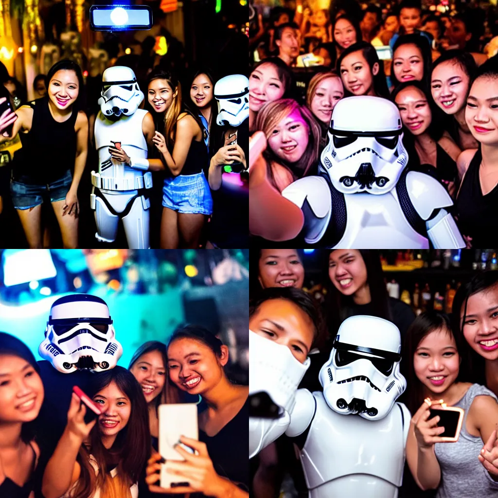 Image similar to storm trooper taking a selfie with a group of girls at a bar in bangkok thailand at night