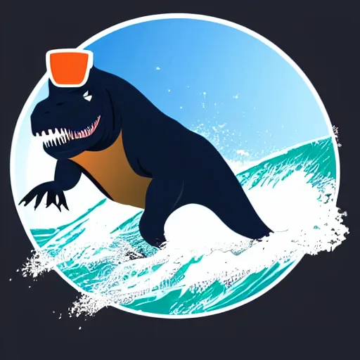 Image similar to a t-rex with shades surfing a wave, vector