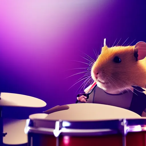 Image similar to a hamster playing drums on a stage in a small club, red and blue stagelights, photorealistic