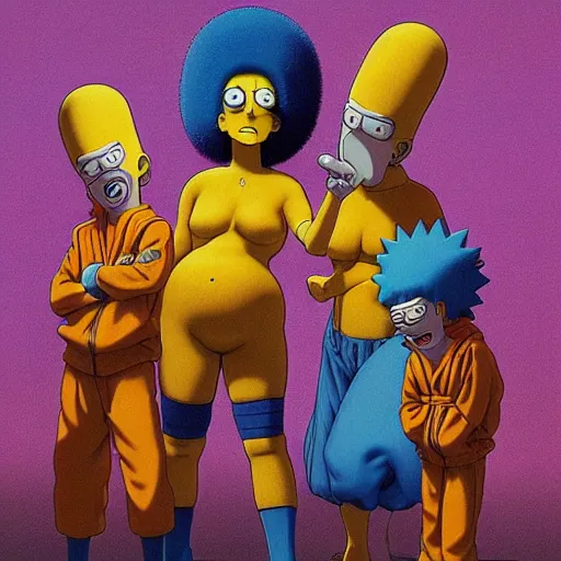 Prompt: marge simpson and her new family from naruto drawn by zdislaw beksinski, hajime sorayama and moebius hyperrealistic