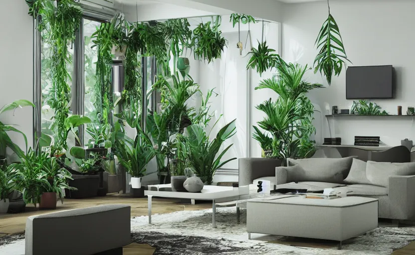 Prompt: empty room bohemian interior, big tv screen in the middle, tropical indoor plants, open shiny floor, v - ray render, high contras