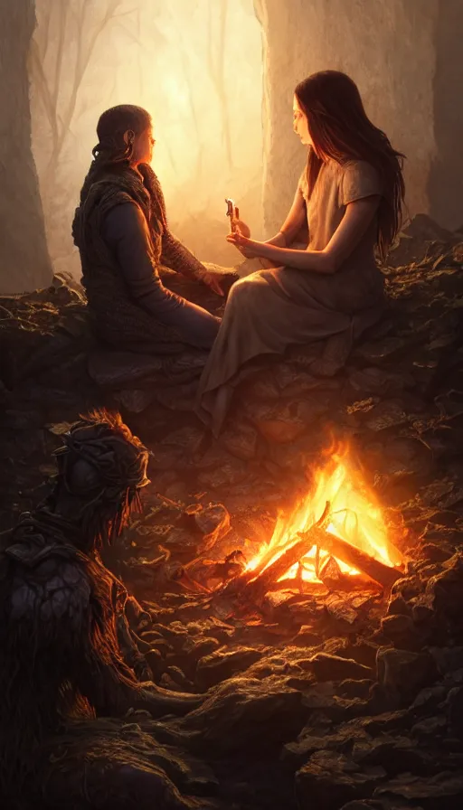 Image similar to two people : the stalker and the wither are sitting by the fire, highly detailed, d & d, fantasy, highly detailed, digital painting, trending on artstation, concept art, sharp focus, illustration, global illumination, ray tracing, realistic shaded, art by artgerm and greg rutkowski and fuji choko and viktoria gavrilenko and hoang lap