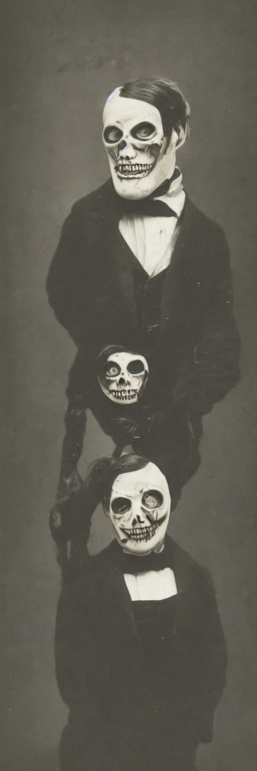 Prompt: a head and shoulders portrait photograph of a victorian wearing a scary vintage halloween mask, 1 9 0 0 s picture