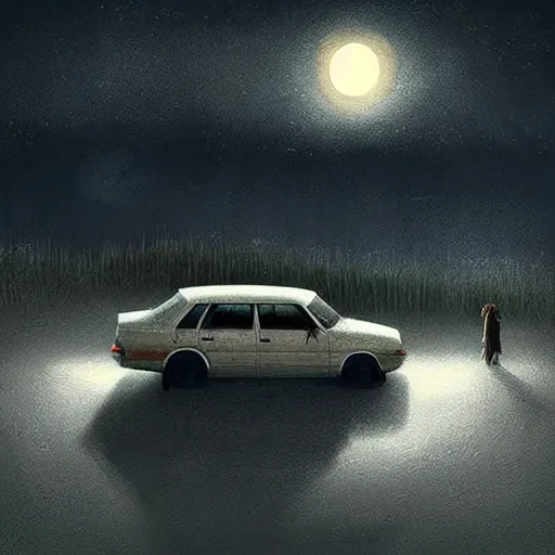 Image similar to Stunning Digital Art of Horrifyingly devastated man and woman hiding inside of a car while a werewolf howls at the moon outside by Stefan Koidl
