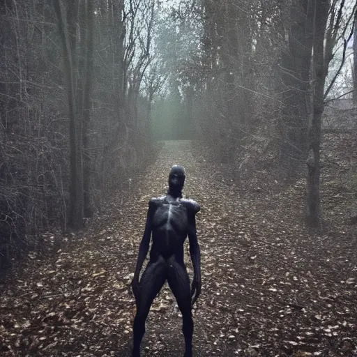 Prompt: dashcam photo of a humanoid devil monster caught in the woods, dark, heavy, night,