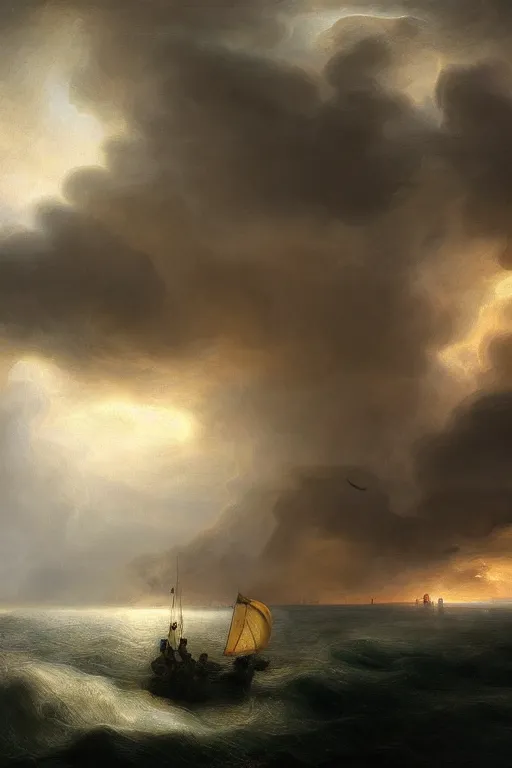 Prompt: the storm on the sea of galilee, oil - on - canvas painting, close - up, elegant, volumetric lighting, scenery, digital painting, highly detailed, artstation, sharp focus, illustration, concept art, by rembrandt van rijn, red