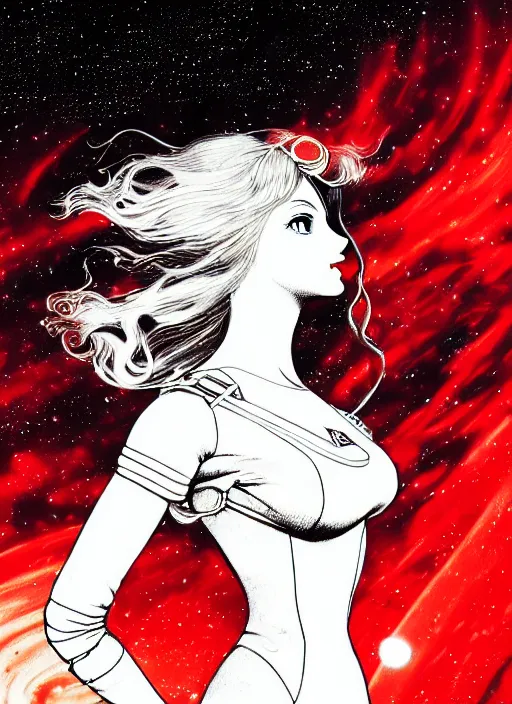 Prompt: highly detailed portrait of a hopeful pretty astronaut lady with a wavy blonde hair, by Louis icart , 4k resolution, nier:automata inspired, bravely default inspired, vibrant but dreary but upflifting red, black and white color scheme!!! ((Space nebula background))