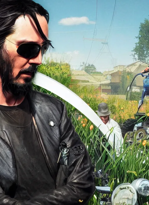 Prompt: solarpunk keanu reeves driving a tractor, cyberpunk 2 0 7 7 wake up samurai, solarpunk, lots of plants, gardening, permaculture, anarchy, realistic, ultra detailed