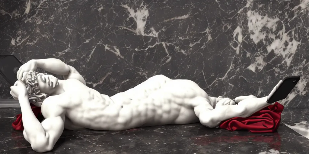 Image similar to baroque delicate full-body marble sculpture of handsome teenage demon boy laying back with arm behind his head while checking his notifications on his phone, red silk flowing fabric, marble white columns, black plastic, black tar particles, iridescent accents, sakura color scheme, intricate artwork by caravaggio, Trending on artstation, octane render, cinematic, hyper realism, octane render, 8k, depth of field, bokeh