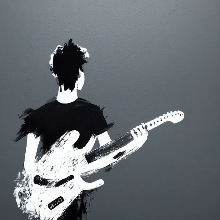 Prompt: minimal brush painting of a young korean man wearing black t shirt holding a telecaster electric guitar!!, dark background, huge dramatic brush strokes, matte colors, abstract, masterpiece, trending on artstation