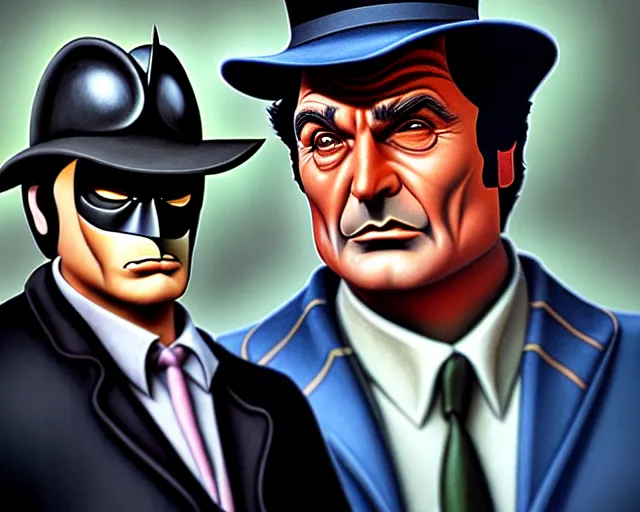 Prompt: detective columbo meets batman, realistic, oil painting, hq scan, artstation trending