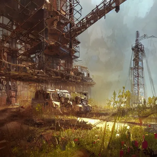 Image similar to post apocalyptic overgrown oil rig by marc simonetti, trending on artstation, digital artwork, highly detailed, contest winner, environmental artwork, concept art