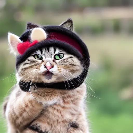 Image similar to cute cat with tongue mlem licking photo wearing wool hat doing mlem cat ears