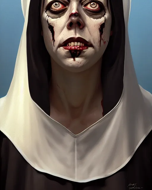 Prompt: medium - shot oil portrait of a zombie nun played by aubrey plaza, artstation, highly detailed digital painting, smooth, global illumination, fantasy art by greg rutkowsky, karl spitzweg, leyendecker