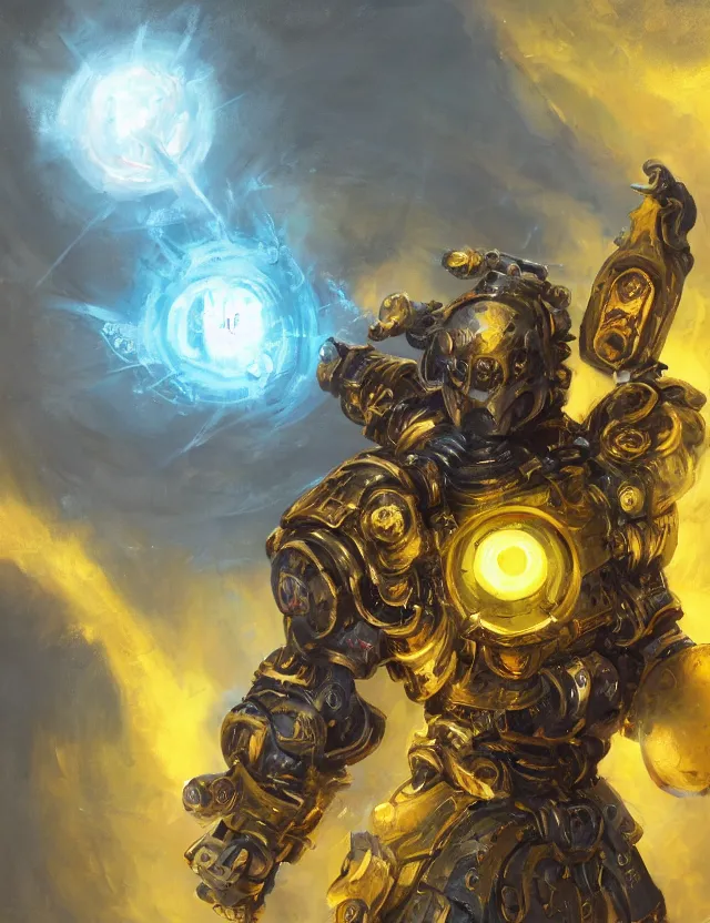 Prompt: full body, attack position abstract painting in lush fantasy environment of a ornate holy mechanical warforged with circular glowing eye, character in yellow armor holding a legendary paladin engraved holy great longsword and carrying a huge heavy paladin shield, vertically flat head, face in focus, epic , trending on ArtStation, masterpiece, cinematic lighting, by Ross Tran and by Greg Rutkowski and by Delphin Enjolras and by Ruan Jia