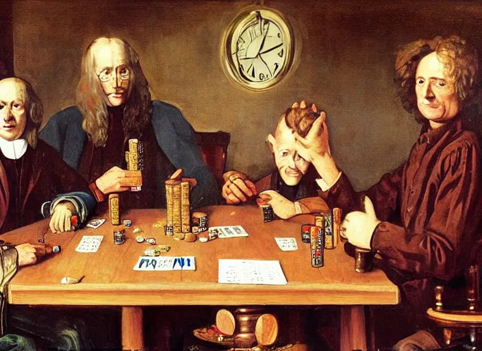 Image similar to family photo of isaac newton and stephen hawkins an einstein playing poker in an old west saloon in the style of norman rockwell