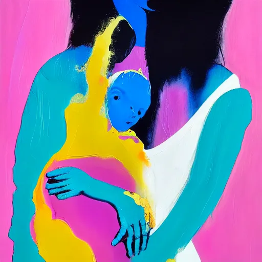 Image similar to woman holding a baby, an ultrafine detailed painting by peter max and francis bacon and fiona rae and hernan bas and anna mond, featured on deviantart, metaphysical painting, biomorphic, mixed media, photorealistic, dripping paint, palette knife texture, masterpiece