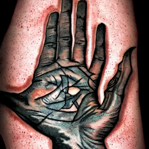 Image similar to the decaying open hand of power with phosphorescent skin and tattoos of glowing magick symbols