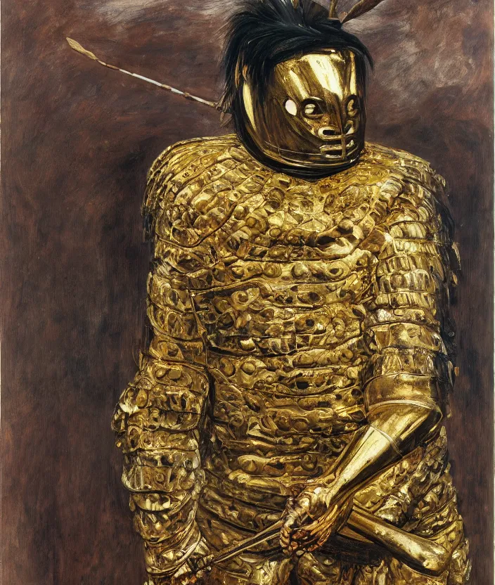 Image similar to indigenous man with a golden armour, painted by lucian freud, hd, super detailed, realistic, muted colors