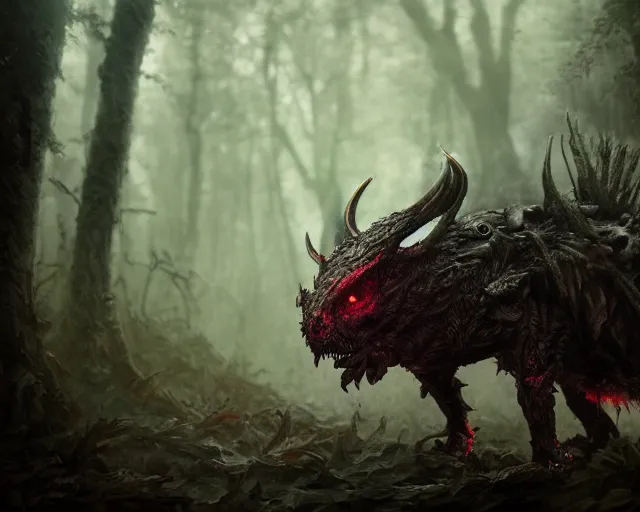 Image similar to 5 5 mm portrait photo of an armored demonic rat zombie with horns and red eyes, in a magical forest. magical atmosphere. art by greg rutkowski. highly detailed 8 k. intricate. lifelike. soft light. nikon d 8 5 0.