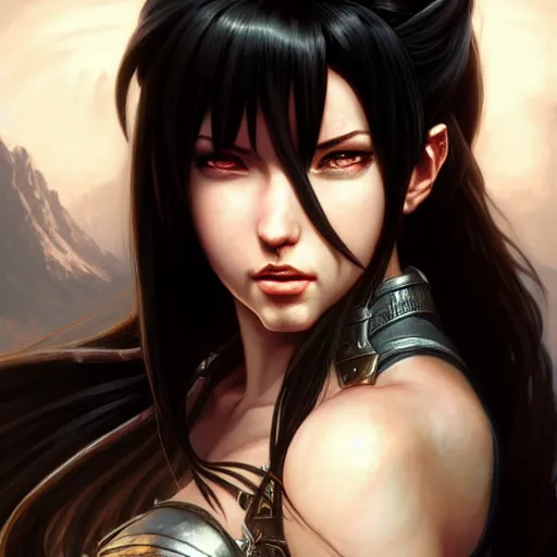 Image similar to an epic fantasy comic book style portrait painting of tifa, d & d, fantasy, intricate, elegant, digital painting, artstation, concept art, extremely detailed, matte, sharp focus, illustration, art by artgerm and greg rutkowski and alphonse mucha