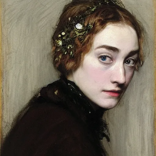 Image similar to a true-to-life portrait of Saoirse Ronan painted by John Everett Millais, real-life accurate, photoshoot