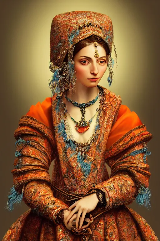 Prompt: stunning awe-inspiring digital portrait of a lady in traditional Armenian attire, wearing highly detailed jewelries and ornaments, photorealistic portrait by Da Vinci and Picasso, beautiful face, beautiful portrait lighting, teal and orange colored background with traditional lampstands and furnitures, artstation, Zbrush, Octane, smooth