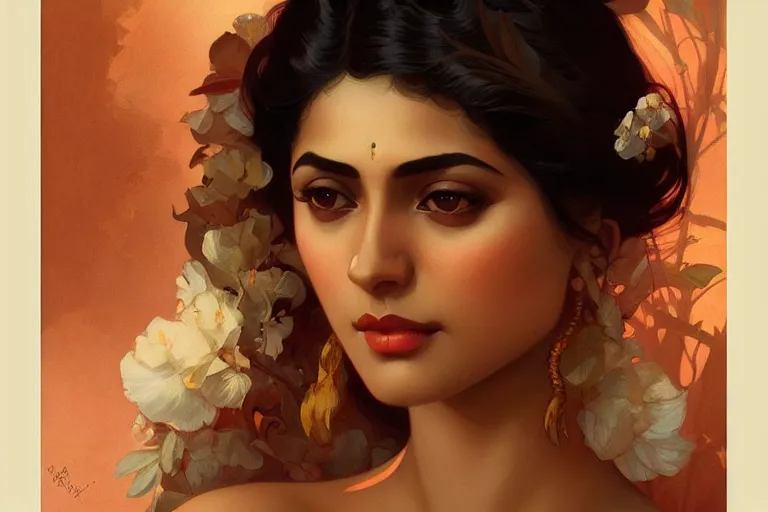 Image similar to sensual pale beautiful bengali girl, art deco portrait, elegant, intricate, digital painting, artstation, concept art, smooth, sharp focus, illustration, art by artgerm and greg rutkowski and alphonse mucha