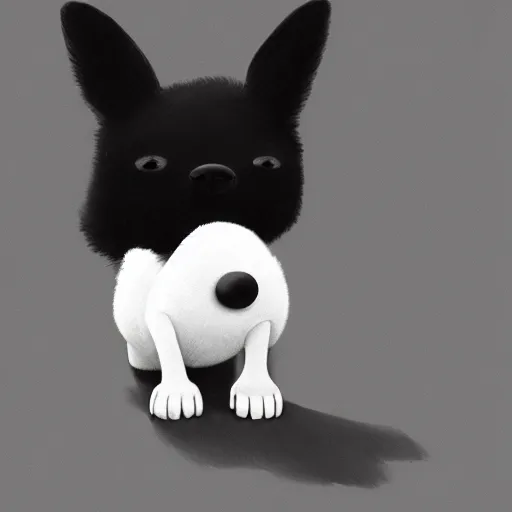 Prompt: Goro Fujita illustrating a beautiful black and white fluffy dog, with big ears on a plain background, art by Goro Fujita, sharp focus, highly detailed, ArtStation