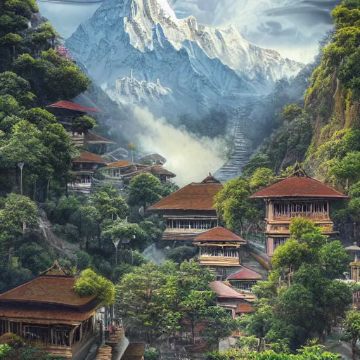 Prompt: a beautiful and highly detailed digital art of nepal, detailed high buildings and rockets, nepali architecture buildings, futuristic spaceships, swirling mist, lush forests, intricate details, epic scale, insanely complex, 8 k, sharp focus, hyper realism, fantasy landscape, psychedelic, by caspar friedrich